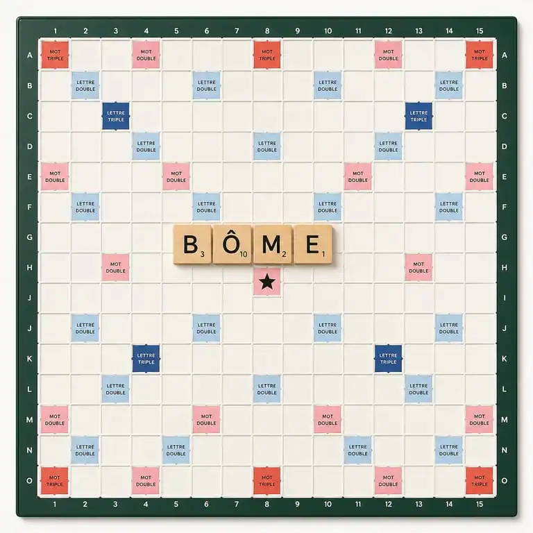 Placement du mot bôme sur un plateau de Scrabble pour maximiser les points