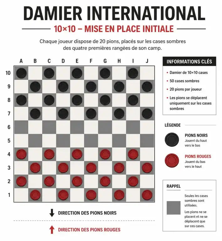 Schéma de mise en place du damier international pour les règles du jeu de dames