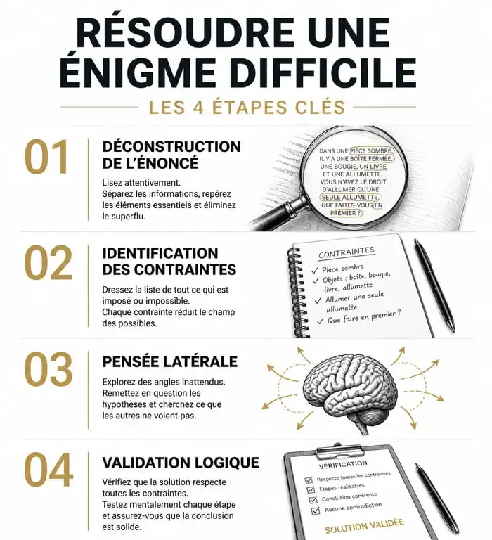 Infographie sur la méthodologie de résolution d'énigmes difficiles