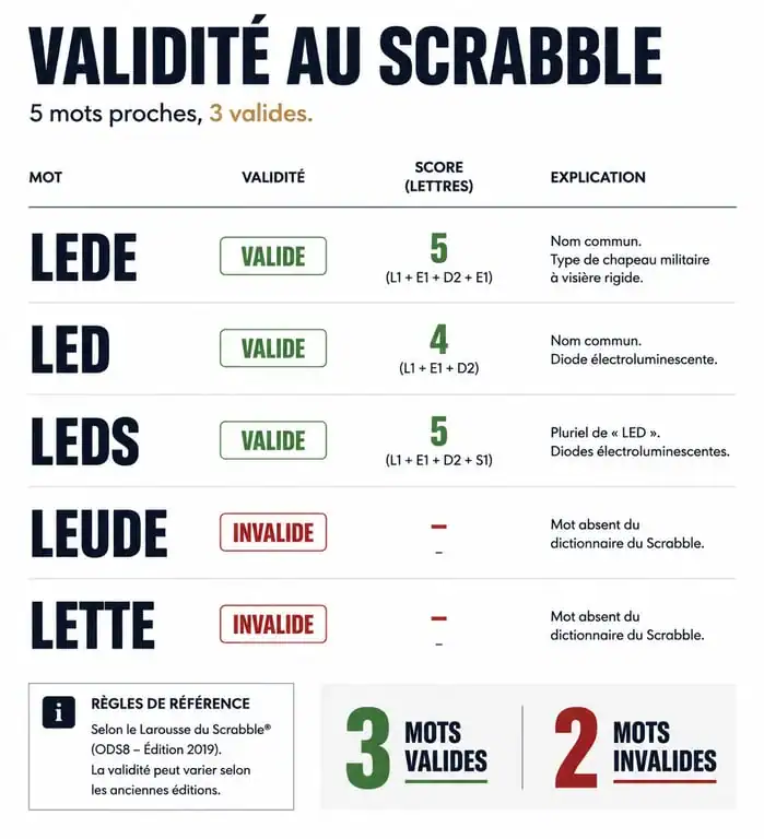 Tableau comparatif de la validité des mots LEDE, LED, LEDS, LEUDE et LETTE au Scrabble