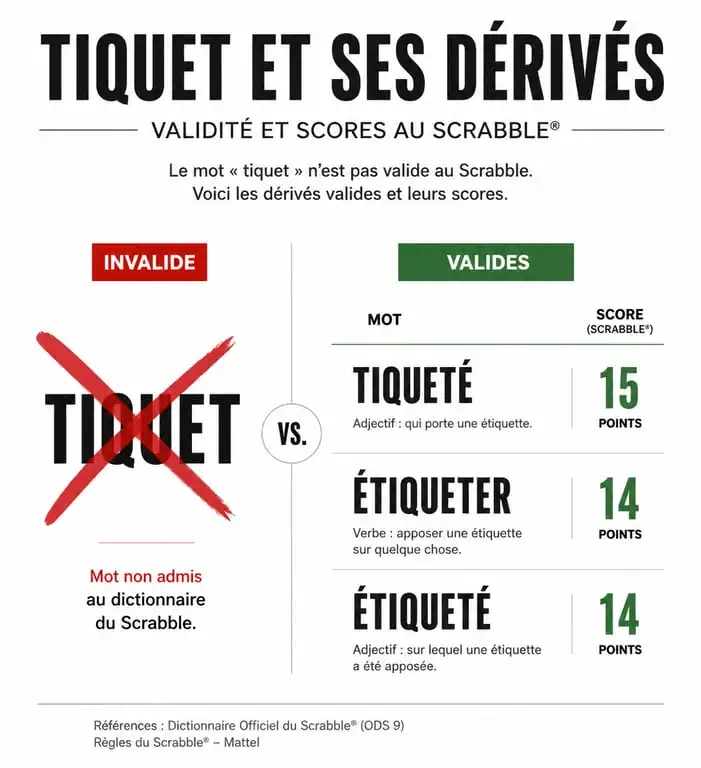 Tableau comparatif des mots dérivés de tiquet valides au Scrabble et leurs scores