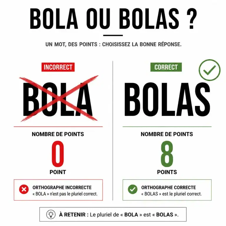 Comparaison de validité au Scrabble entre les mots BOLA et BOLAS