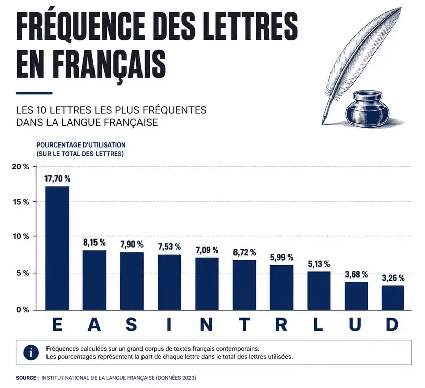 Infographie montrant la fréquence des lettres les plus utilisées en français