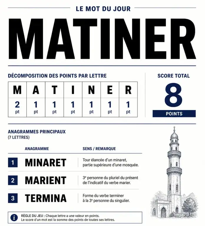 Infographie des caractéristiques du mot matiner au Scrabble : score, valeur des lettres et anagrammes