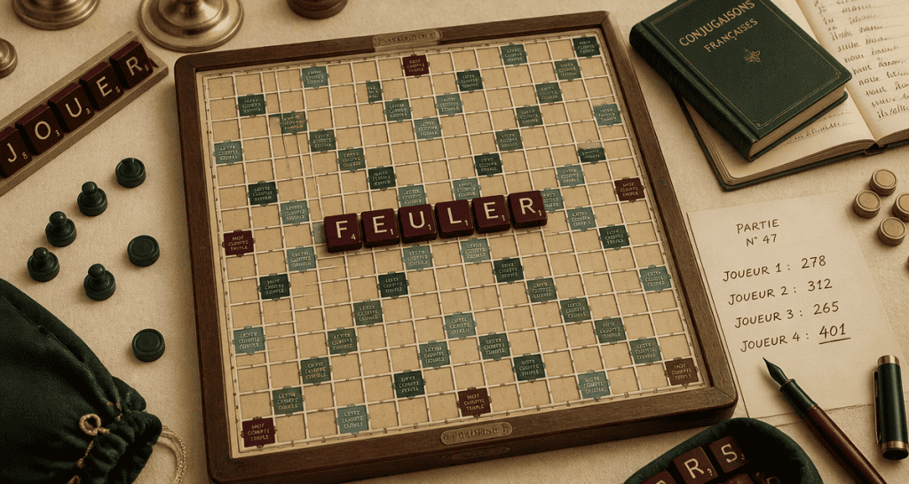 feuler scrabble lettres sur plateau bois