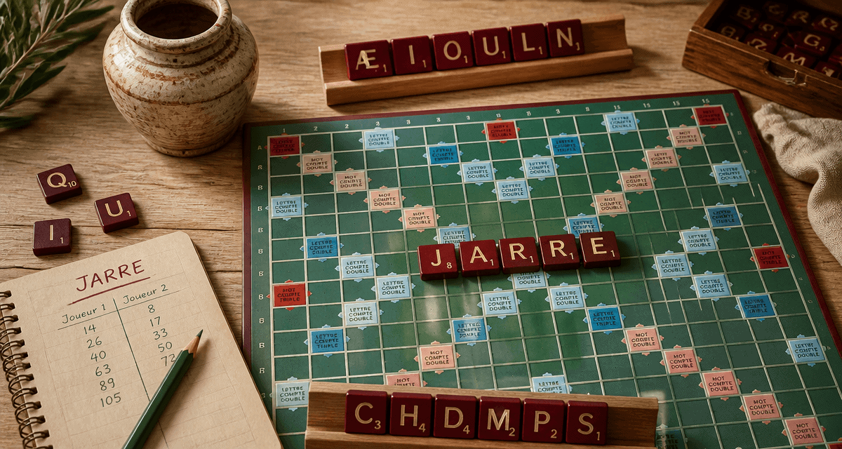 Jarre Scrabble posé sur plateau avec jetons