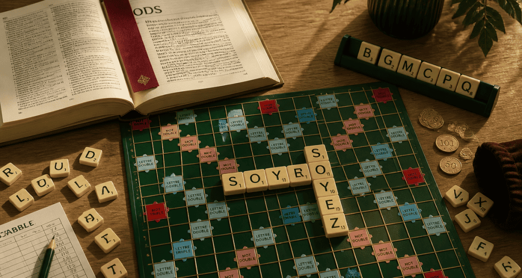 soye scrabble sur plateau avec dictionnaire et score