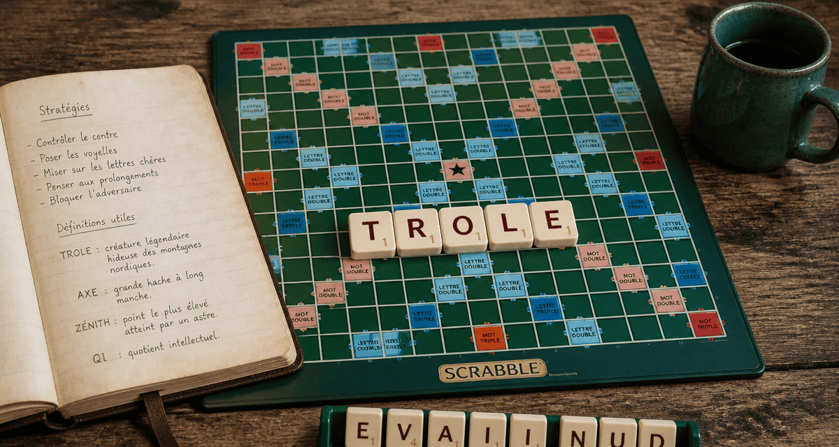 Trole Scrabble sur plateau avec jetons et carnet