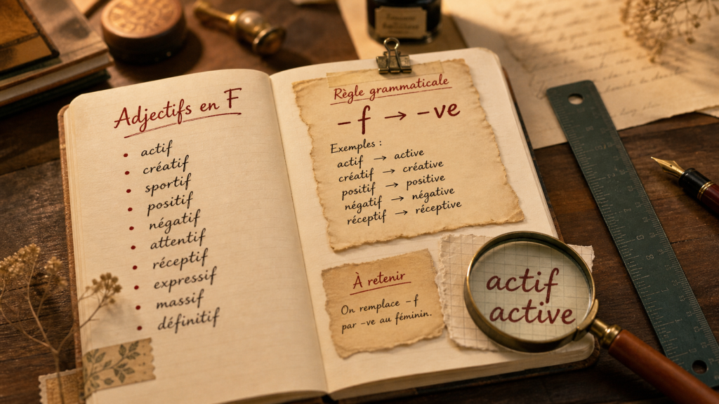 Adjectifs en F : liste complète, exemples d&rsquo;usage et règle du féminin
