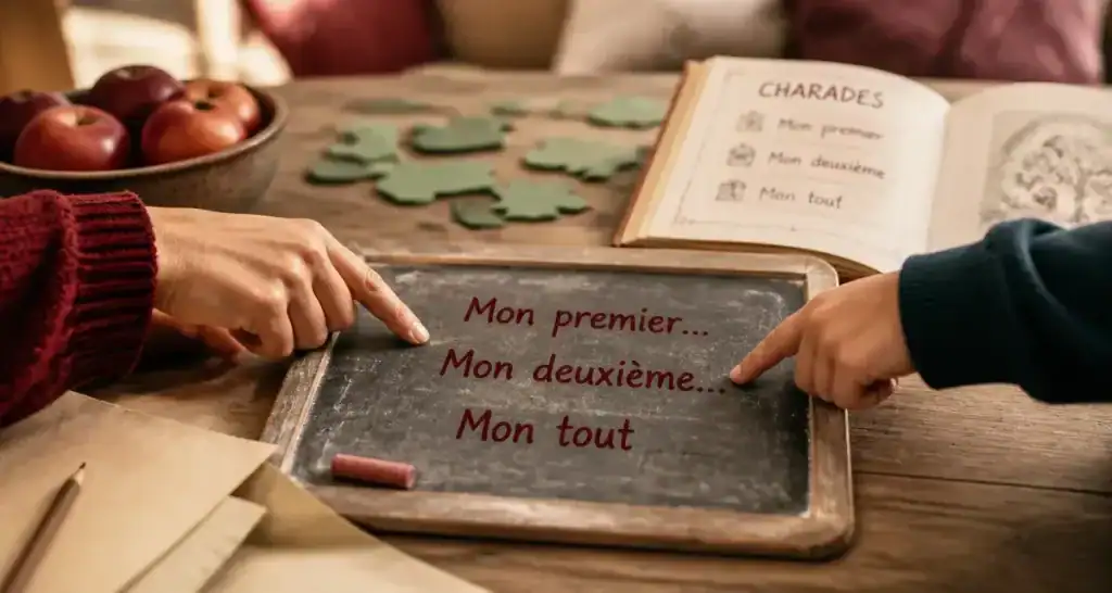 Charade enfance : énigmes pour enfant, puzzle et indices sur ardoise