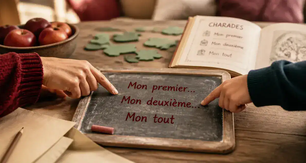 Charade enfance : énigmes pour enfant, puzzle et indices sur ardoise
