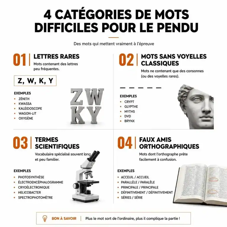 Infographie des catégories de mots compliqués pour le jeu du pendu