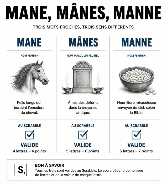 Infographie explicative sur la validité du mot mane au Scrabble et ses variantes