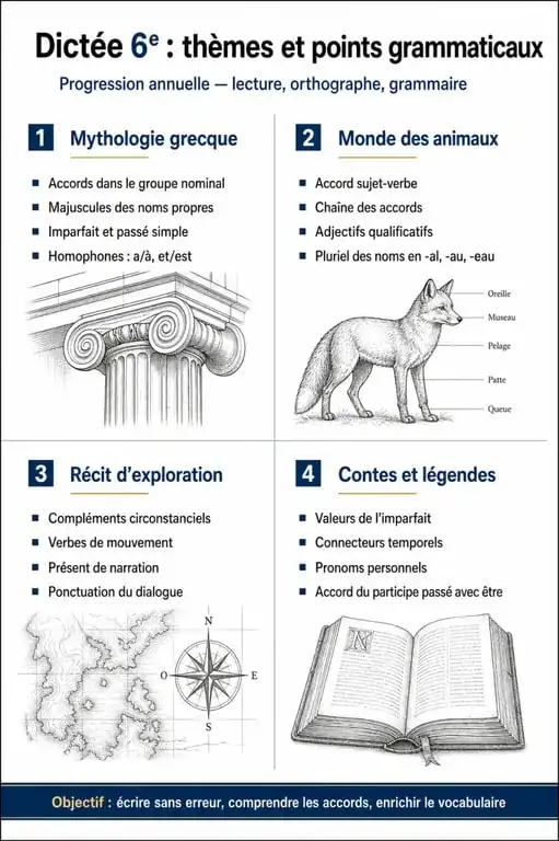 Tableau récapitulatif des thématiques de dictée 6ème et points grammaticaux