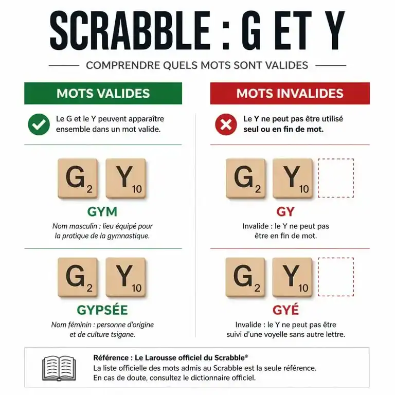 Infographie comparative des mots valides au Scrabble avec les lettres G et Y