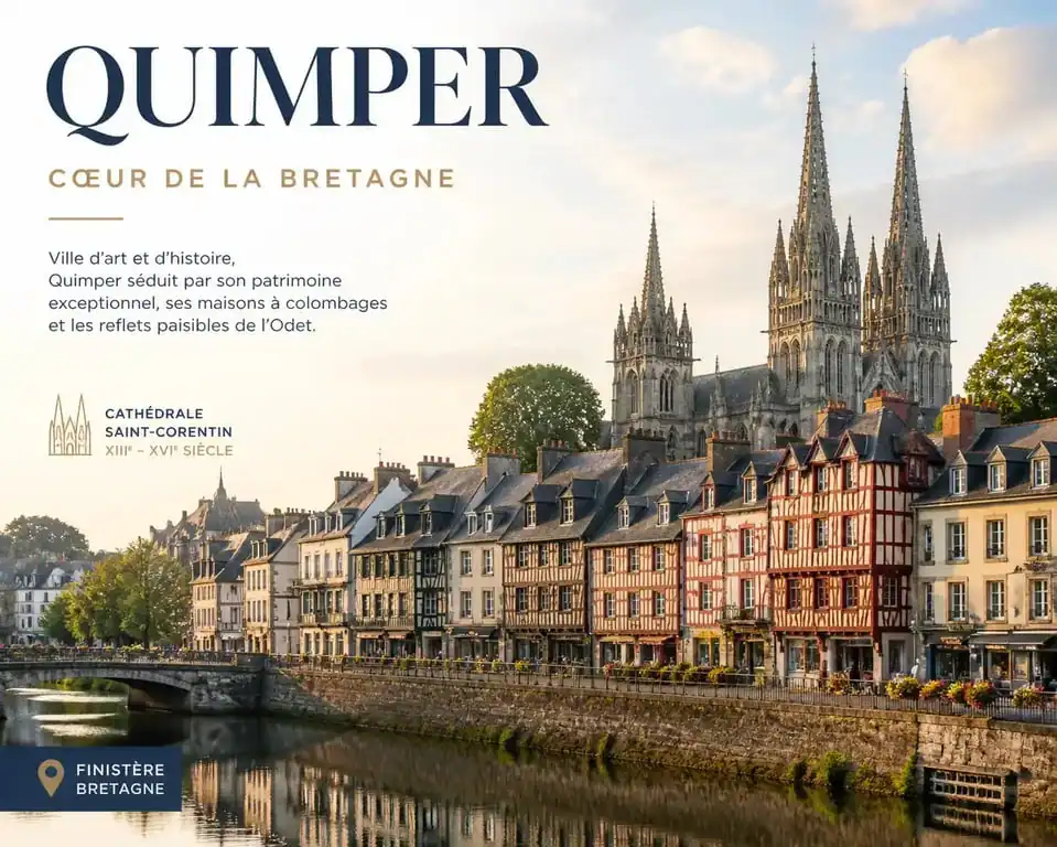 Vue panoramique de la ville de Quimper, une ville en Q emblématique de Bretagne, avec sa cathédrale et ses ruelles médiévales.