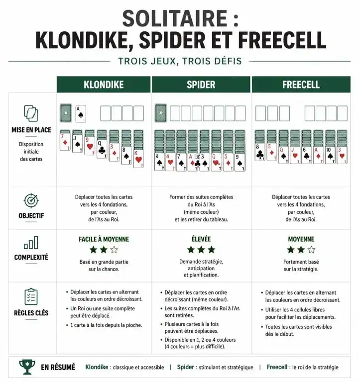 Infographie comparative des variantes du solitaire Klondike, Spider et Freecell sur jeux.com