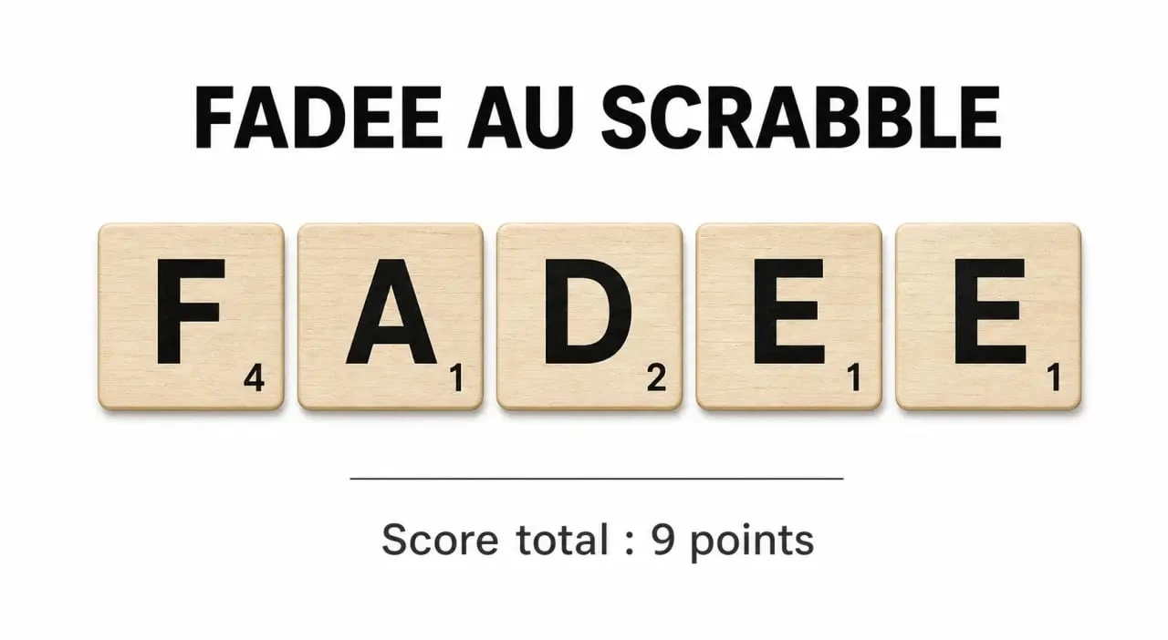 Calcul des points du mot FADEE au Scrabble : 9 points au total avec le détail des lettres.