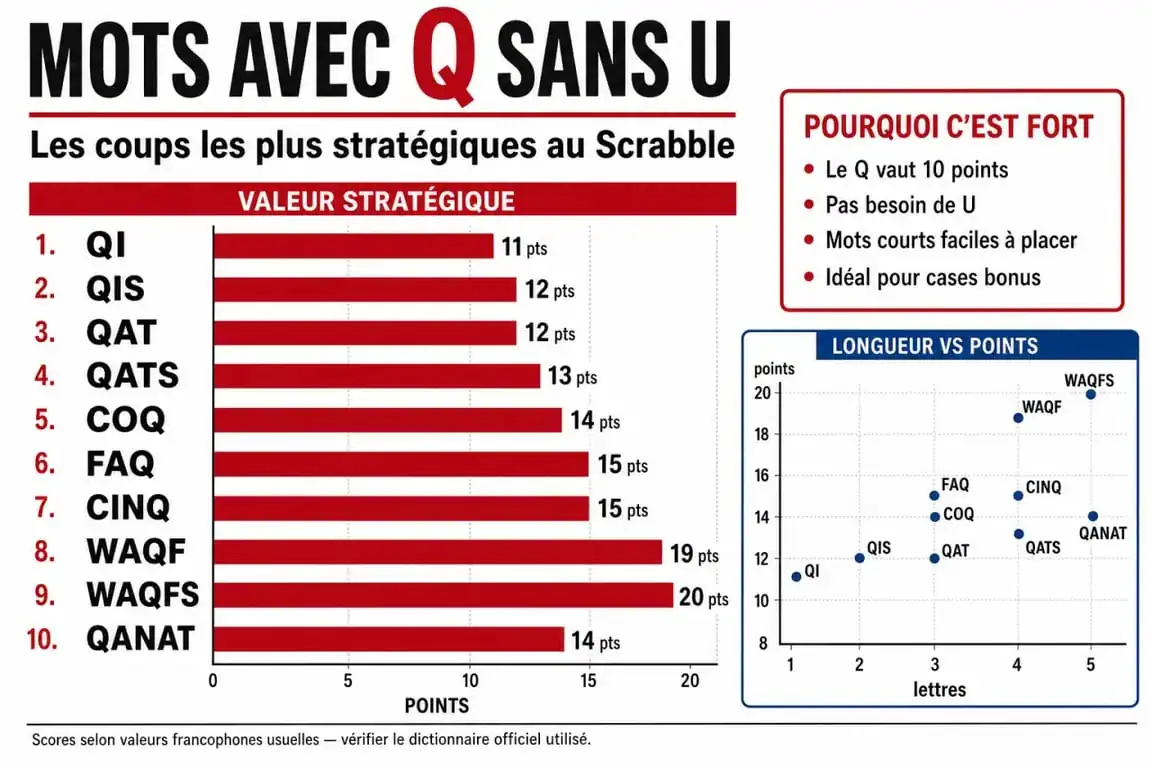 Infographie des mots avec un Q pour le Scrabble