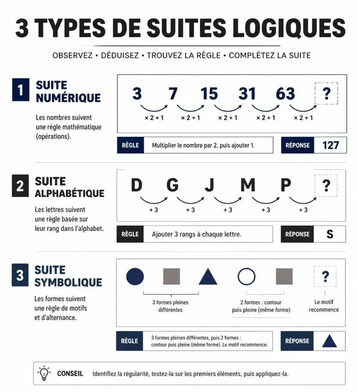 Infographie explicative sur les différents types de suites logiques pour les tests de recrutement