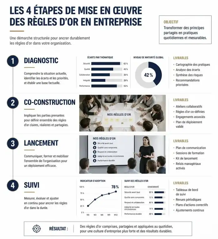 Infographie des étapes de mise en œuvre des règles d'or en entreprise pour la sécurité au travail