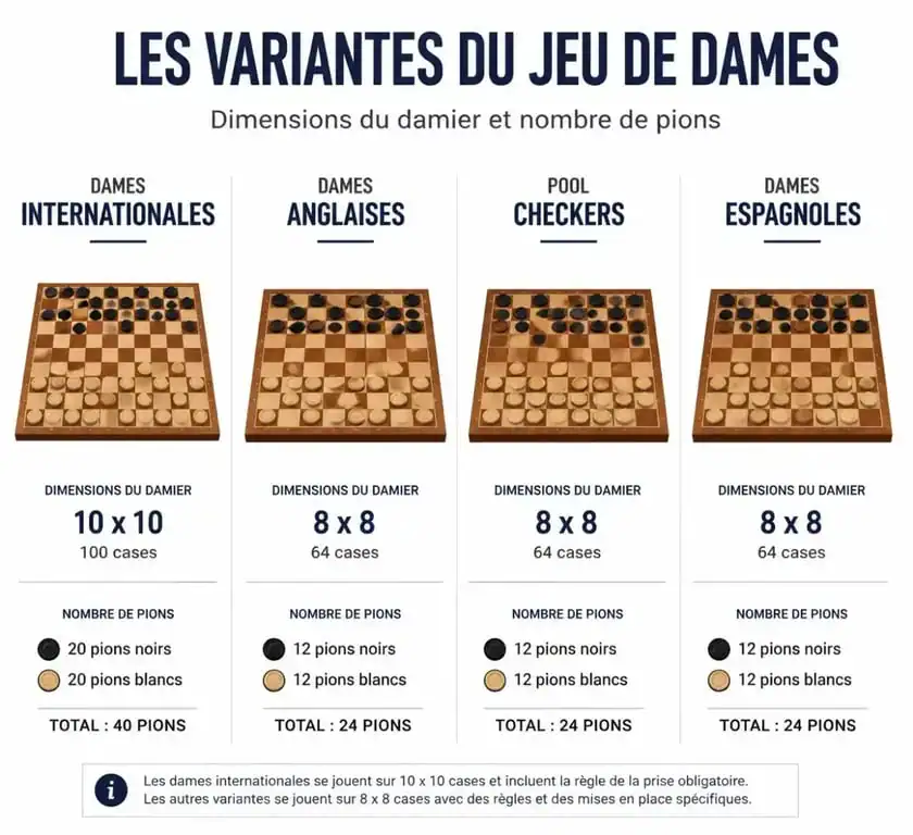 Tableau comparatif des variantes du jeu de dames : internationales, anglaises, pool checkers et espagnoles pour jouer contre l'ordinateur