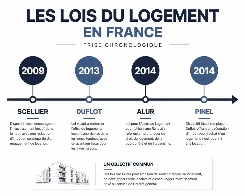 Frise chronologique des lois du logement en France : Scellier, Duflot, ALUR et Pinel