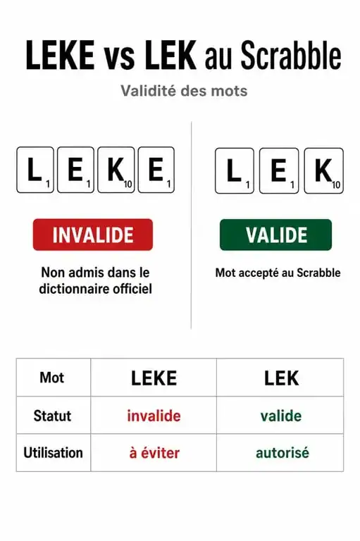 Infographie comparative des mots LEKE et LEK au Scrabble pour vérifier leur validité officielle.