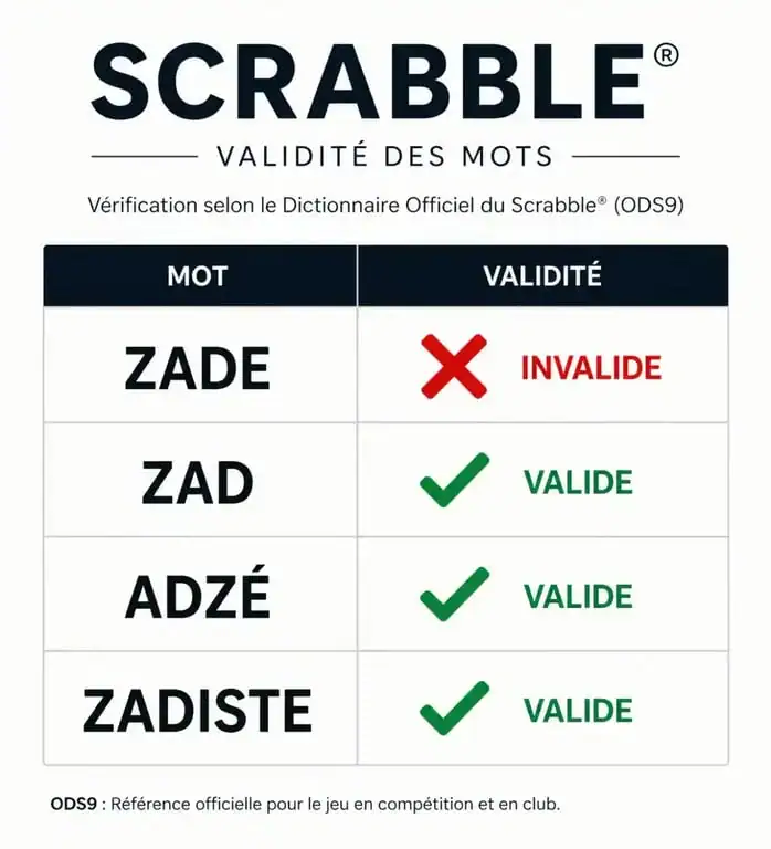 Tableau comparatif de la validité des mots ZADE, ZAD, ADZÉ et ZADISTE au Scrabble selon l'ODS
