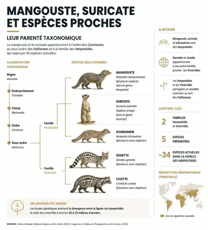 Infographie des animaux voisins de la mangouste pour résoudre les mots fléchés