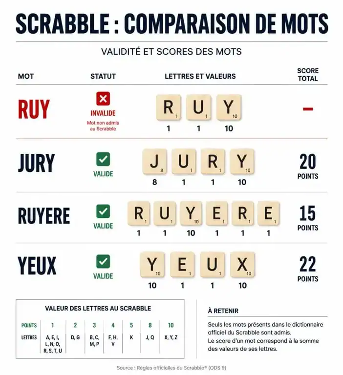 Comparaison de validité et score au Scrabble pour le mot Ruy et ses alternatives valides