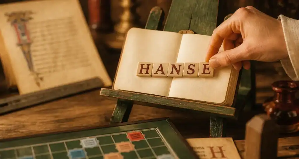 Hanse scrabble sur plateau vert, jetons HANSE, 8 points et validité historique