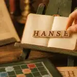 Hanse scrabble sur plateau vert, jetons HANSE, 8 points et validité historique