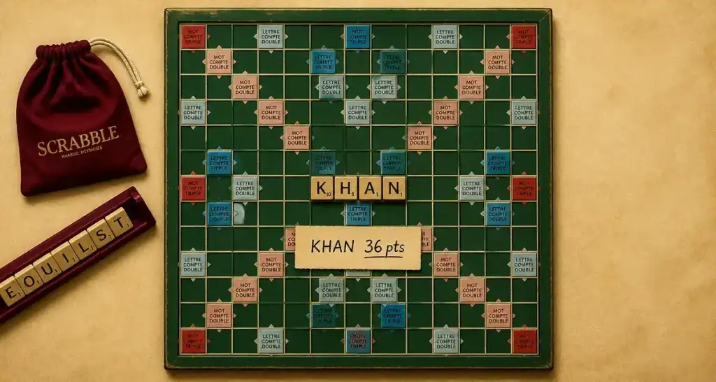 khan scrabble sur plateau de Scrabble vert, 16 points et astuces de placement