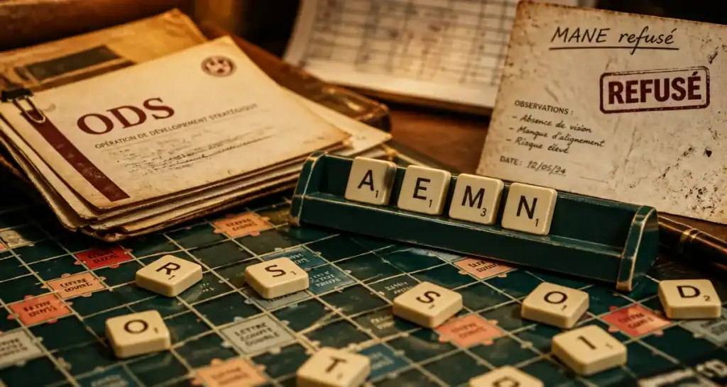 Mane scrabble refusé sur fiche, lettres A E M N sur plateau