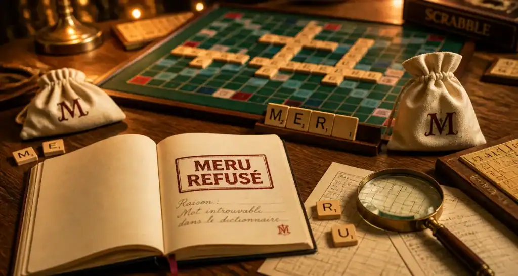 meru scrabble : tampon MERU REFUSÉ sur plateau de jeu