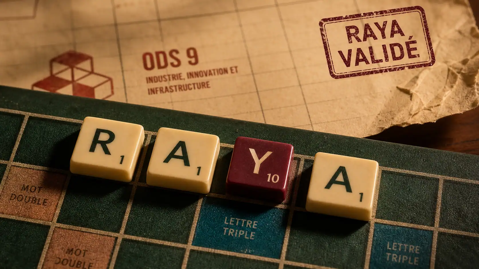 raya scrabble : tuile Y sur case triple, lettres R A A, 13 points