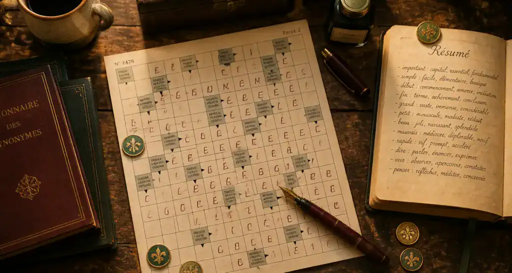 resume mots fléchés sur table avec grille et stylos