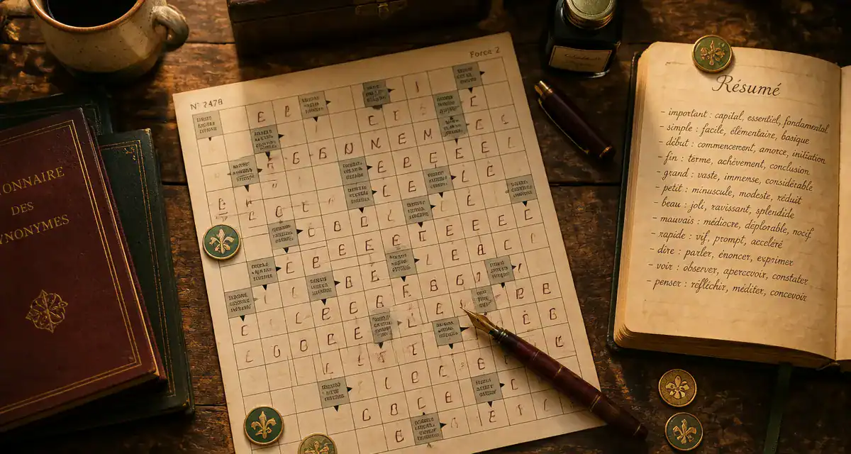 resume mots fléchés sur table avec grille et stylos
