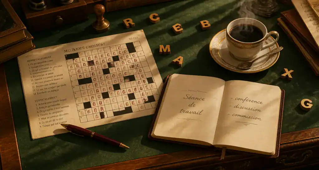 séance de travail 10 lettres sur bureau, grille mots croisés