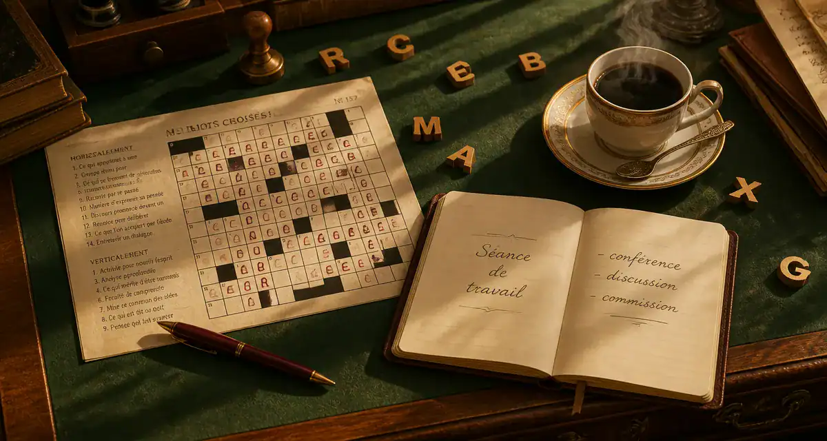 séance de travail 10 lettres sur bureau, grille mots croisés