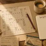 transport mots fléchés sur table avec carnet et tickets