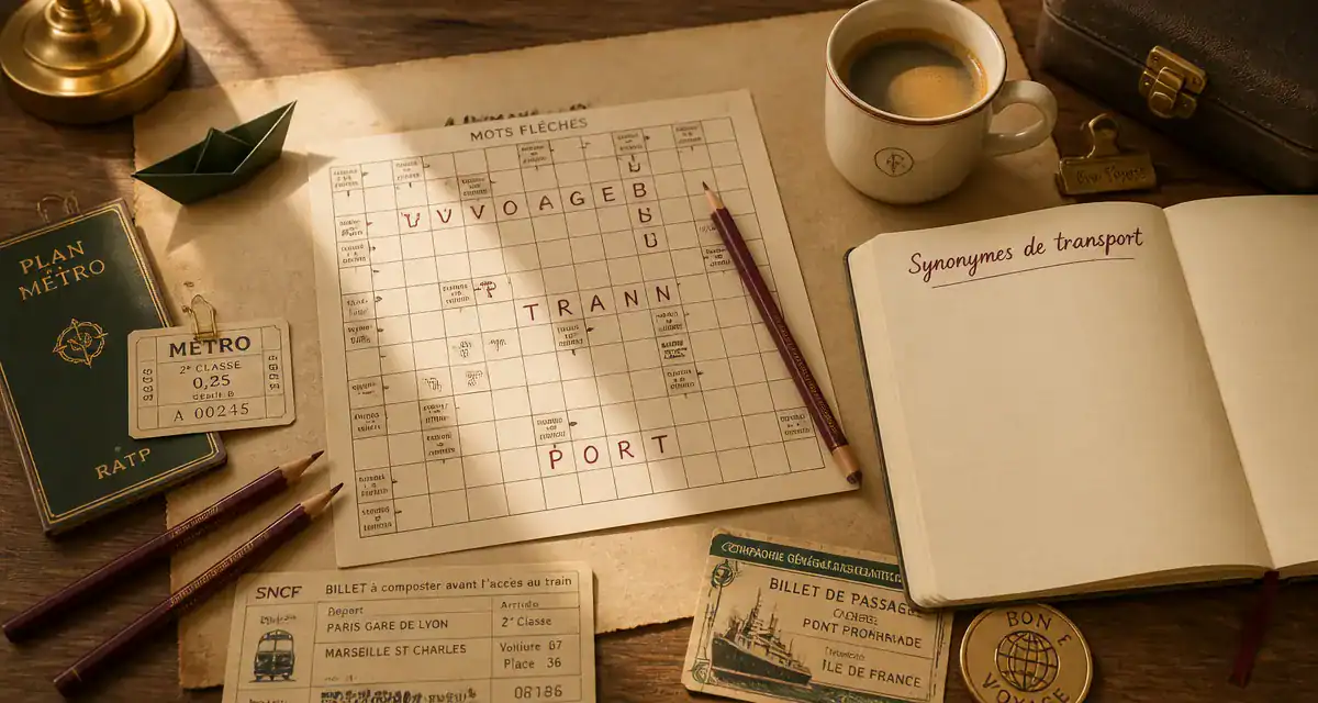transport mots fléchés sur table avec carnet et tickets