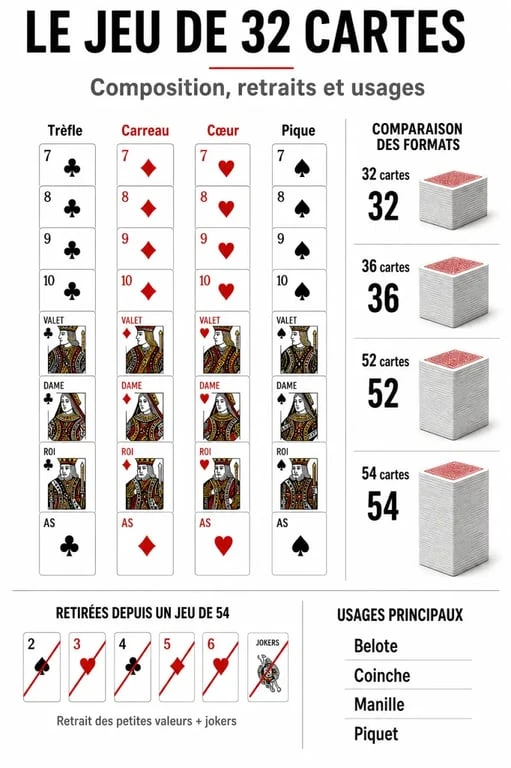 Jeu de carte 32 : infographie comparative des formats 32, 36, 52 et 54 cartes
