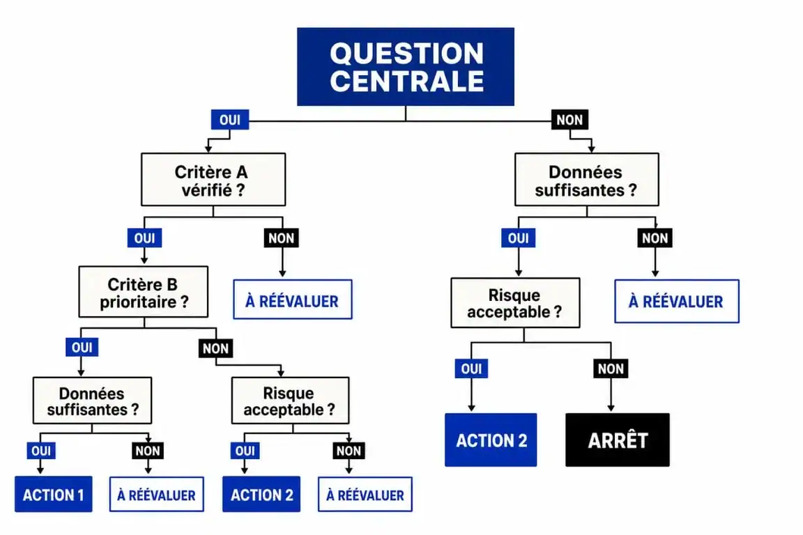 Schéma d'arborescence d'un questionnaire logique montrant les branchements conditionnels
