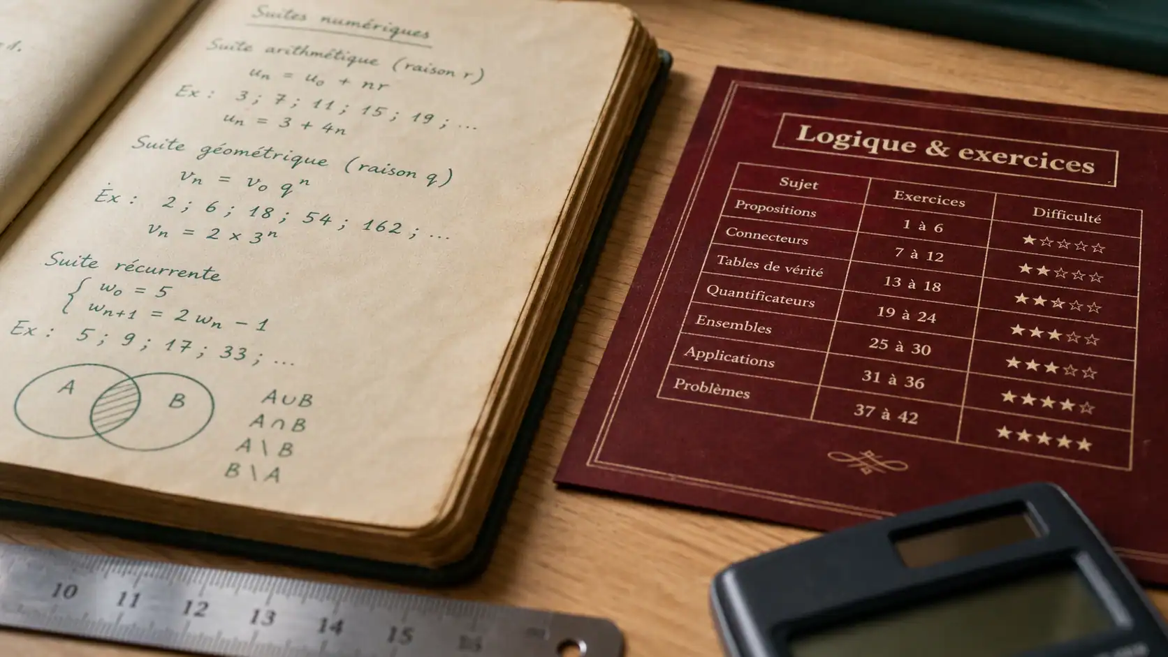 Exercices de logique corrigés : cahier et tableau sur table en bois