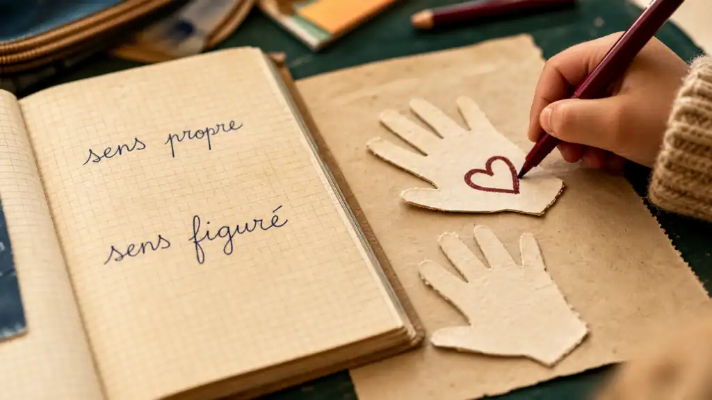 Expression au sens figuré : sens propre et sens figuré, mains et carnet