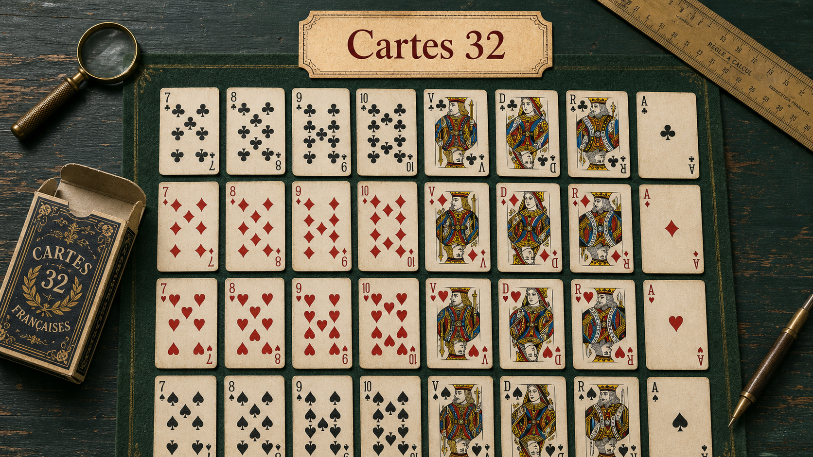 Jeu de carte 32 sans 2 à 6 : 7 à l’As, sans jokers