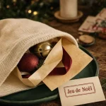 Jeu de noel en famille : chaussette, boule et ruban sur table