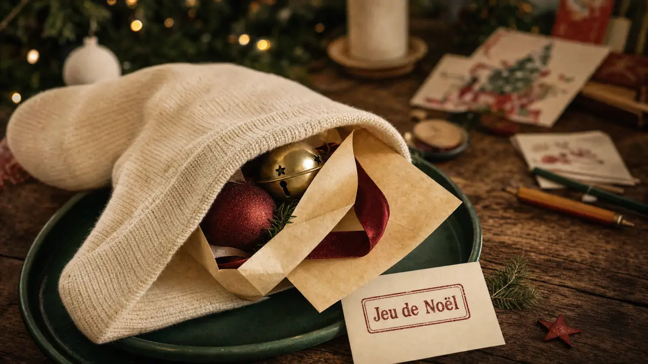 Jeu de noel en famille : chaussette, boule et ruban sur table